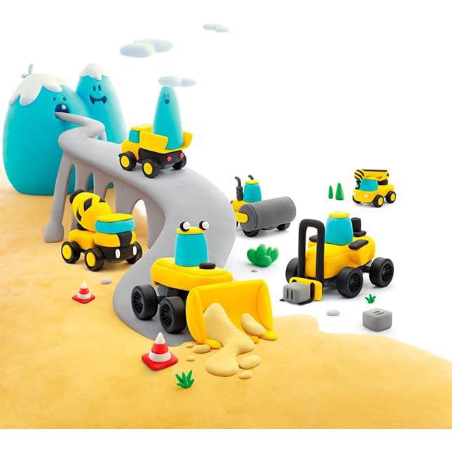 Clay construction vehicles from Hey Clay navigate a sandy surface with clay mountains and a winding road. Bright orange cones and tiny plants are scattered around, inviting imagination to take control in this playful Toys &amp; Games adventure.