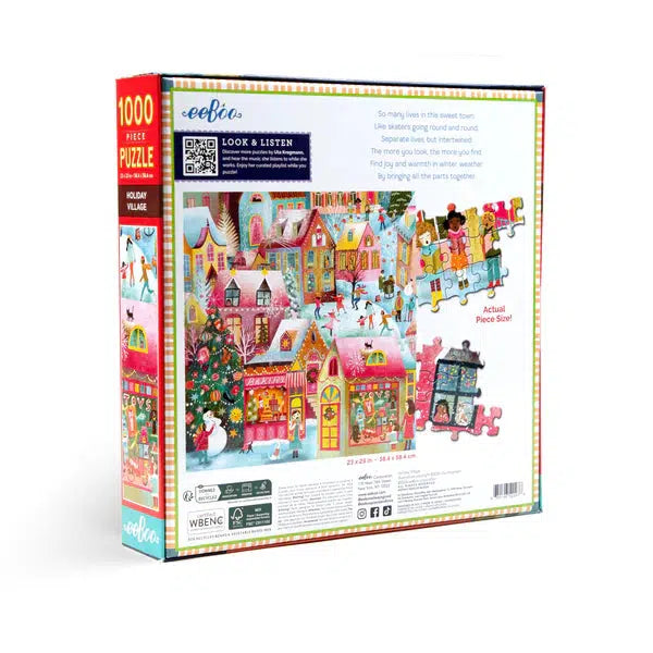 The back of the 1000-piece holiday puzzle box reveals a colorful illustration of a festive village bustling with various buildings and people, set against an image of completed sections. Crafted from recycled board, this puzzle offers sustainable fun for all ages.