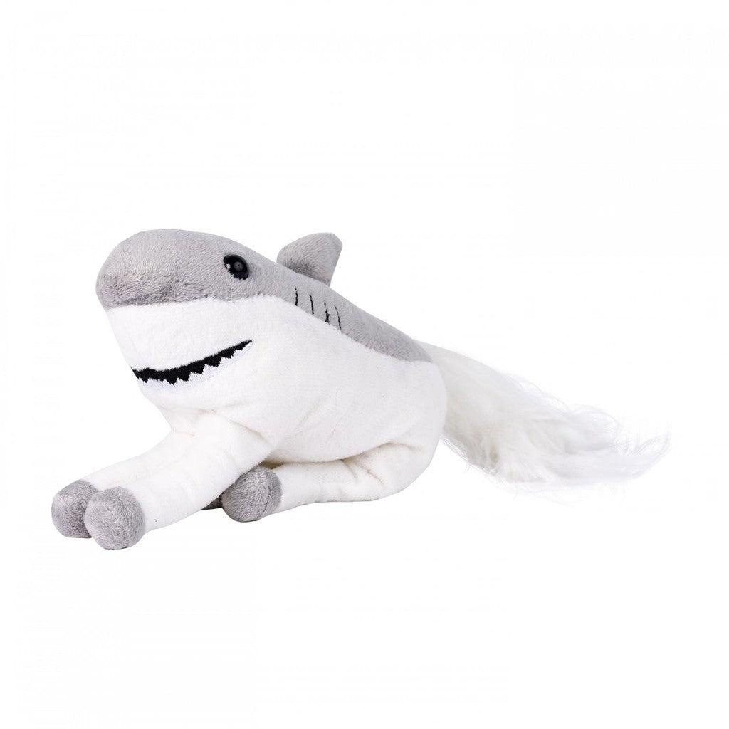 Plush toy resembling a shark with a fluffy tail, gray and white coloring, and a simple, smiling facial expression.