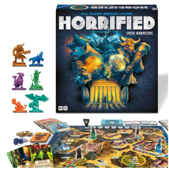 Board game "Horrified: Greek Monsters" box cover with colorful monster miniatures and a game board featuring different locations and cards.