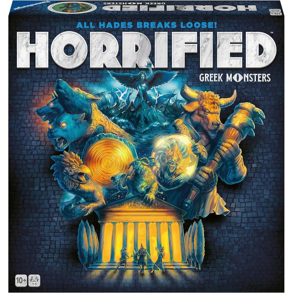 Board game cover for "Horrified: Greek Monsters" featuring mythical creatures like minotaur and cyclops surrounding a temple with the tagline "All Hades Breaks Loose!.