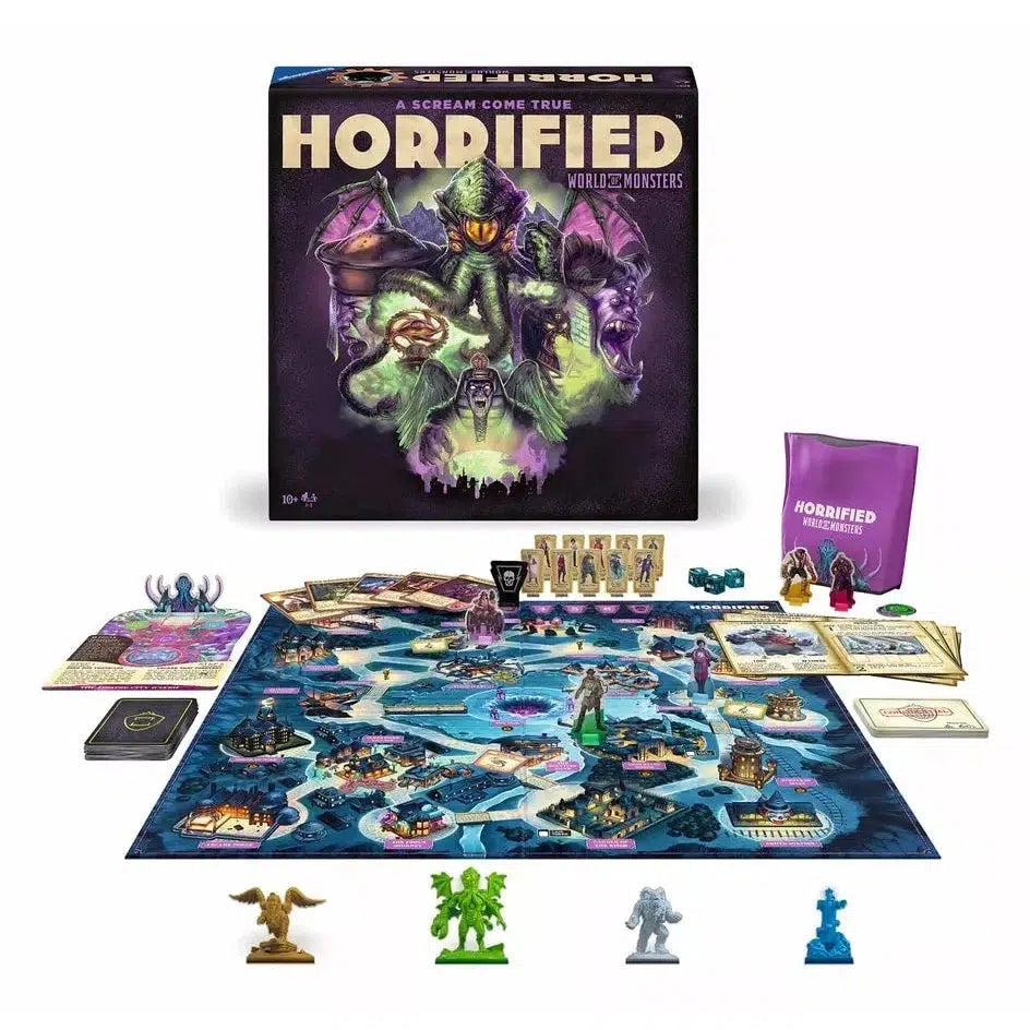 The Ravensburger Horrified setup showcases a thrilling cooperative strategy board game for ages 10 and up, complete with a game board, character figures, cards, tokens, and the iconic box thoughtfully placed in the background.