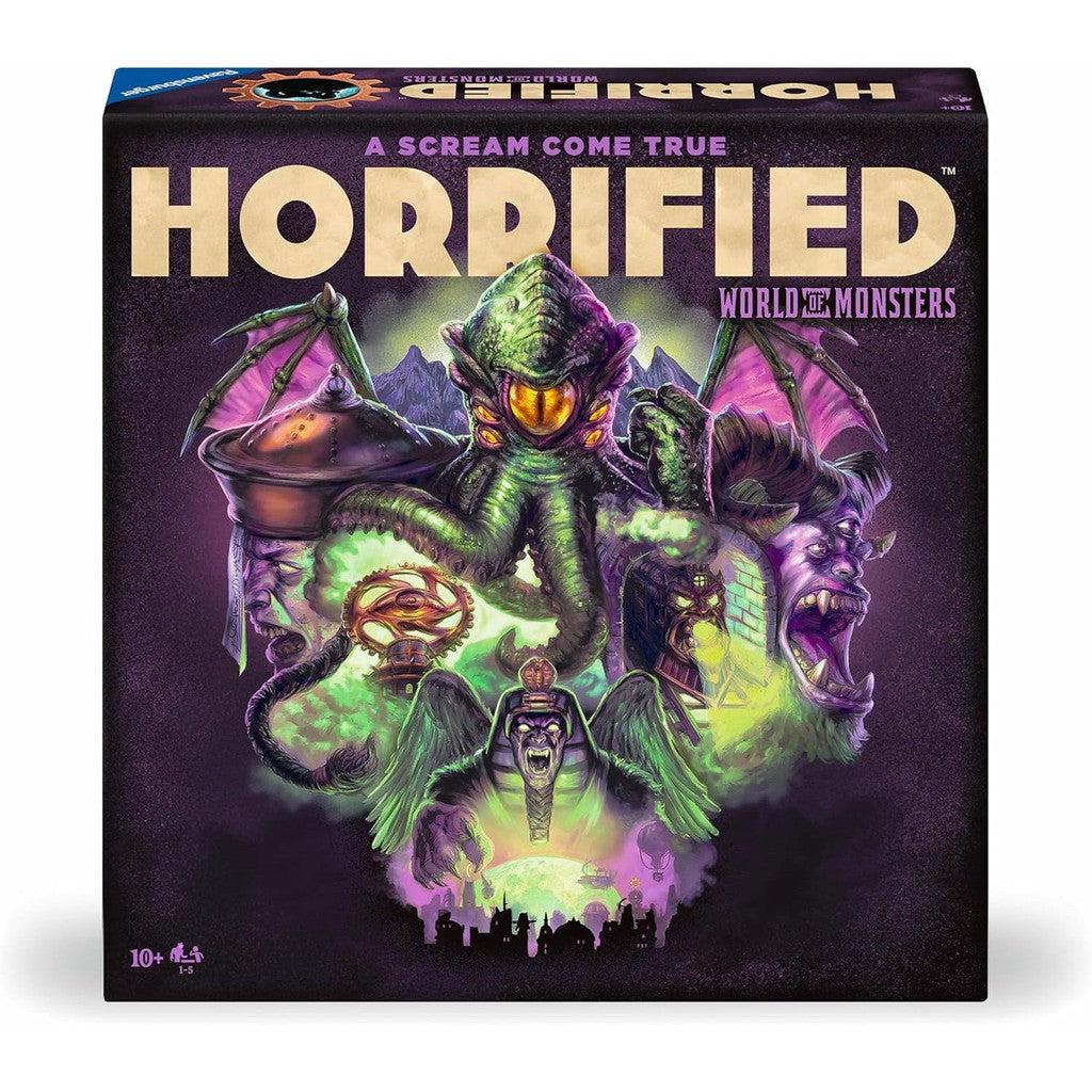 Board game box for "Horrified: World of Monsters," a cooperative strategy board game by Ravensburger, featuring illustrated classic monsters and a purple-themed design. Perfect for ages 10 and up.