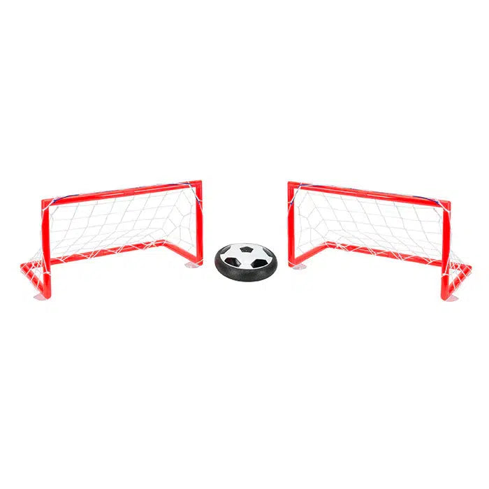 Two small red soccer goals and a hovering soccer ball, designed like a floating disc, are positioned on a smooth white background.