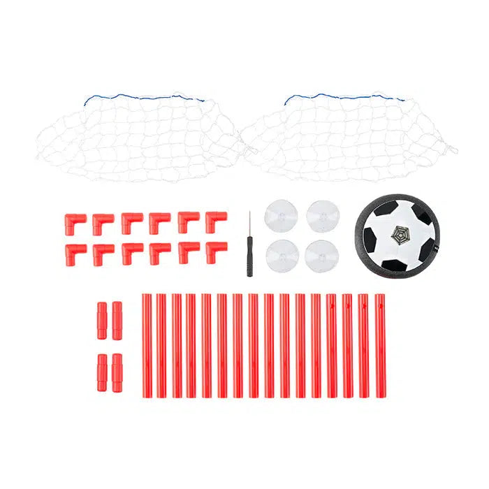 Soccer goal assembly kit with nets, red poles, connectors, and a hovering soccer ball on an air cushion arranged on a white background.