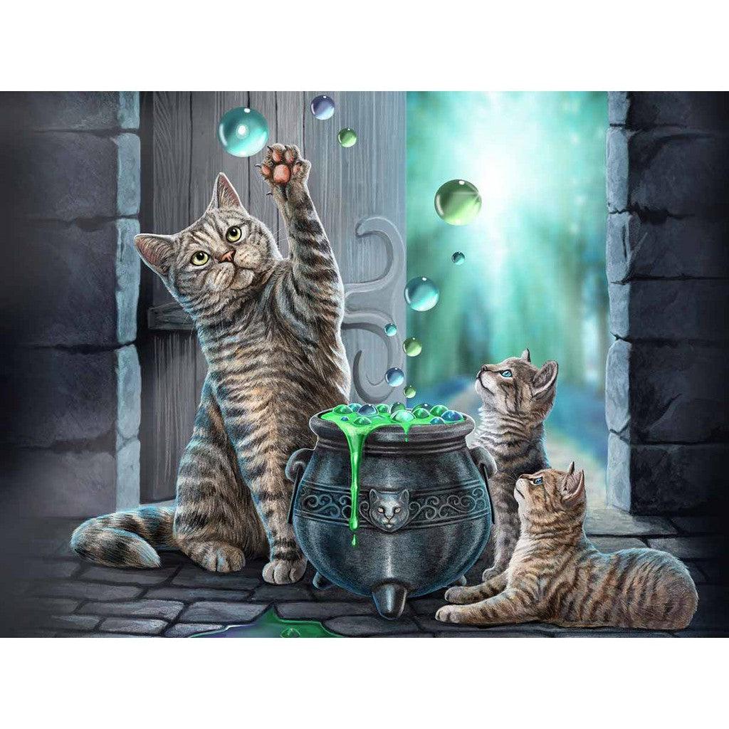 A tabby cat and two kittens play with floating bubbles near a cauldron filled with green liquid, creating a Hubble Bubble effect in this mystical scene. 