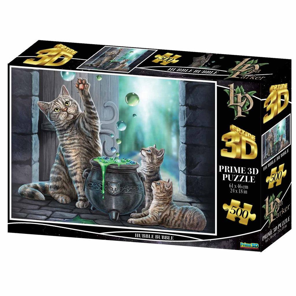 This enchanting 3D puzzle box, designed by Prime 3D Ltd., showcases three playful cats chasing bubbles around a cauldron in a mystical Hubble Bubble setting.