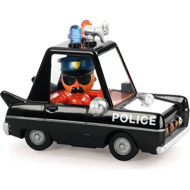 A toy police pursuit car features a cartoon officer inside, sporting a blue hat and sunglasses. The black metal car gleams with ultrasonic metallic paint, proudly displaying "POLICE" on its side.