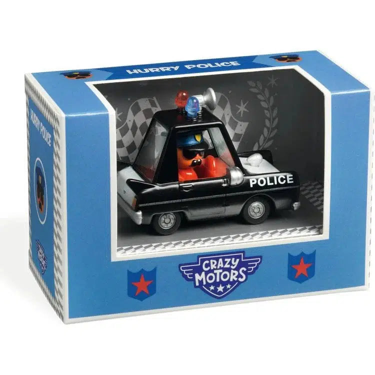 A toy police car is nestled in a "Crazy Motors" box, adorned with "Hurry Police" on top. This sleek black police car toy boasts an eye-catching light bar on the roof and features cutting-edge ultrasonic metallic paint for an ultra-realistic finish.