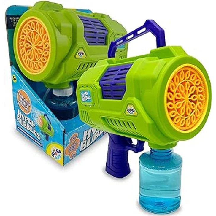 A green and yellow bubble gun attached to a blue bottle of bubble solution. The product, featuring an exclusive rechargeable battery, is in its packaging labeled "Hyper Bubbles."