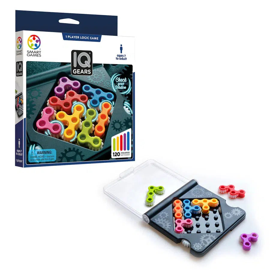 The IQ Gears logic game, a captivating brain challenge, features colorful gear-shaped pieces with an open case beside its packaging.