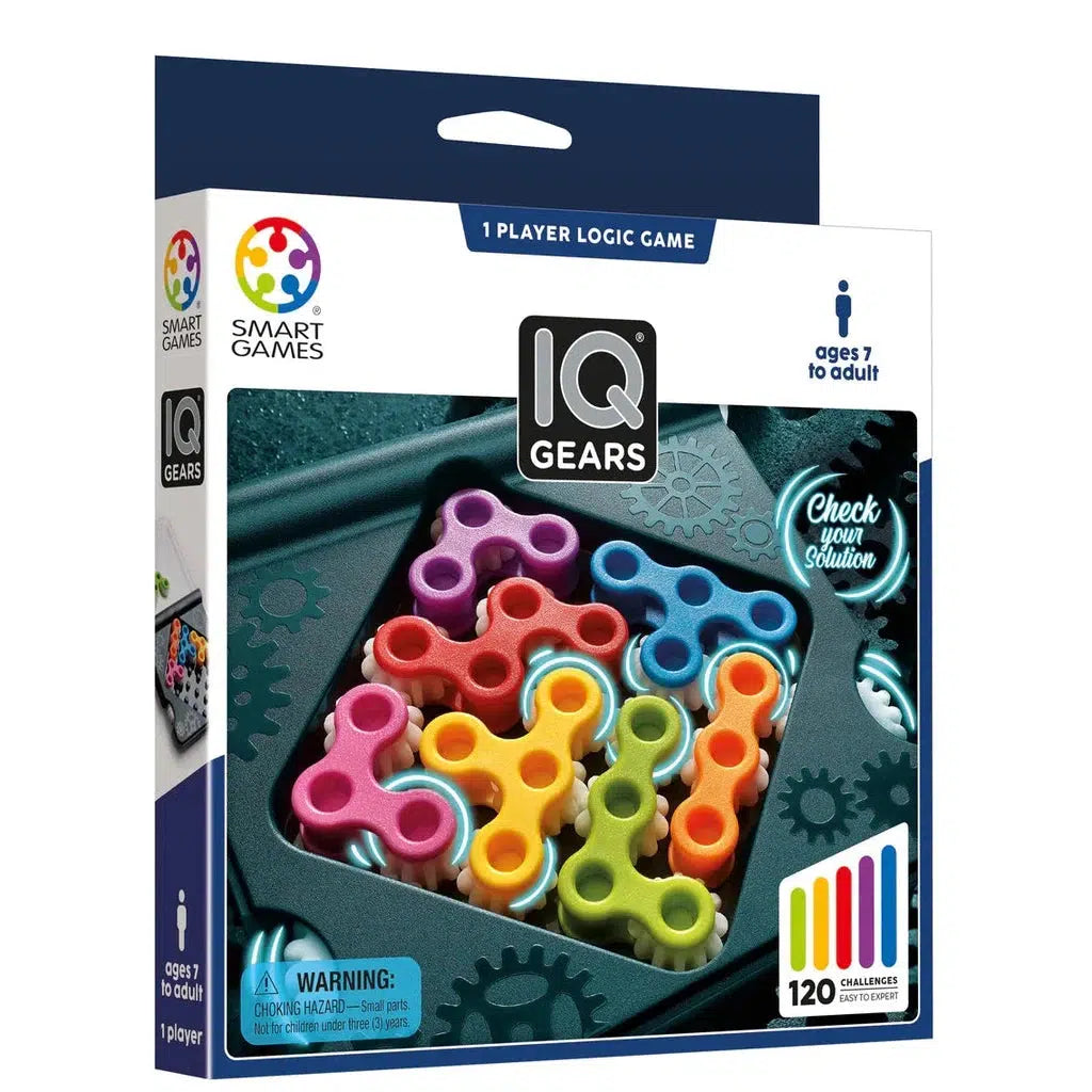 The IQ Gears puzzle game package bursts with colorful gear pieces, perfect for sparking minds young and old. Suitable for ages 7 to adult, it offers a brain game experience with 120 unique challenges, ensuring endless hours of stimulating fun.