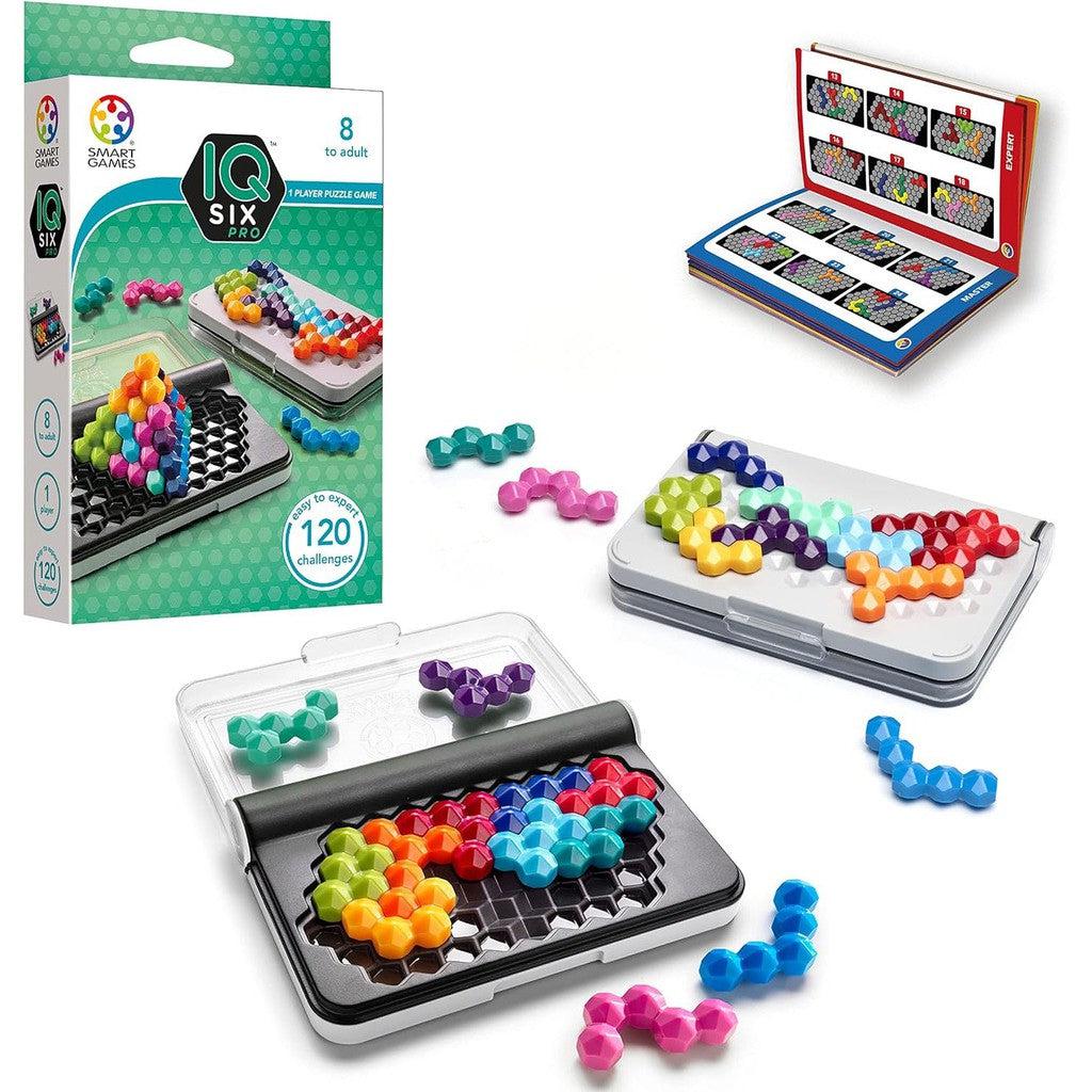 Discover the SmartGames IQ Six Pro, a captivating puzzle game with colorful interlocking pieces and an instruction booklet, all in a compact storage case. This brain teaser is perfect as a travel game and is suitable for ages 8 and up.