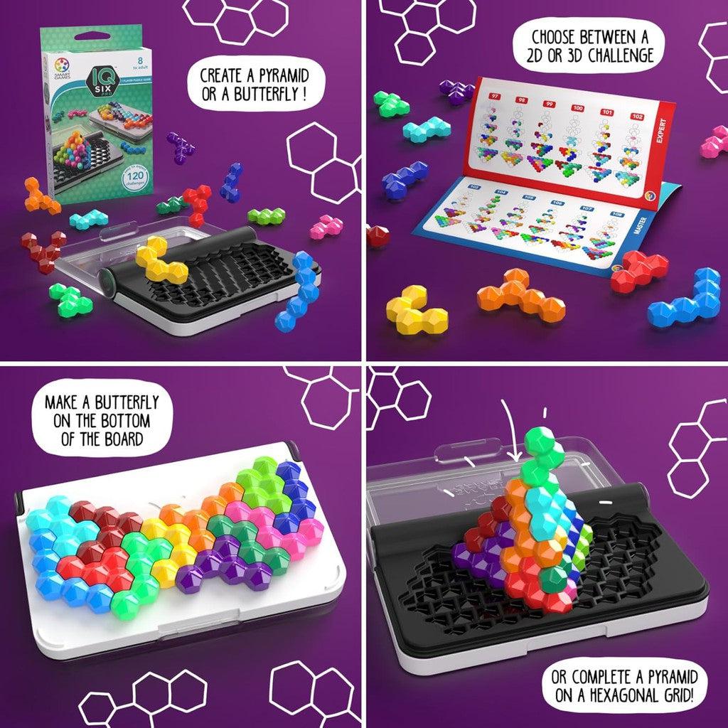 Discover the SmartGames IQ Six Pro, a brain game that challenges your mind. With colorful plastic pieces and instructions to craft 2D or 3D shapes like pyramids or butterflies on a hexagonal grid, it's perfect for travel. Box and booklet included for endless fun!.