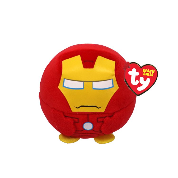 Iron Man as a ty plush, he is round with two yellow feet sticking out underneath