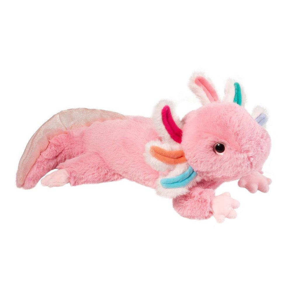 A pink plush axolotl with multicolored fringes and a shiny tail, this soft stuffed animal is lying down in a playful pose, perfect for cuddling.