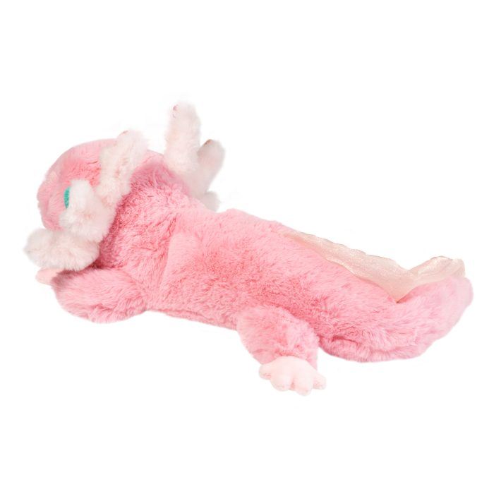 A pink plush dragon toy lies on its back, with a light pink frill along its spine. This adorable stuffed animal brings to mind the whimsical charm of a rainbow Axolotl, making it an enchanting addition to any plush collection.