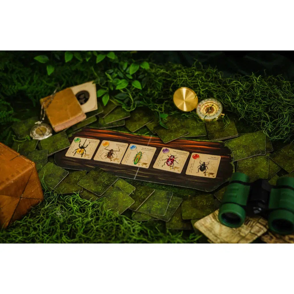 A tabletop board game setup features insect cards showcasing unique beetles, alongside a compass, binoculars, and green foliage accents, creating a Jewel Box of entomological wonders.