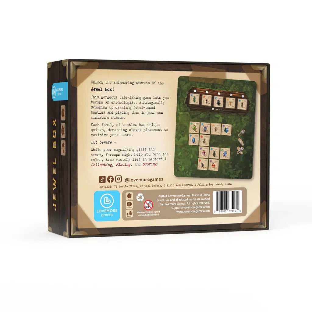 Back view of the "Jewel Box" board game packaging with game details, vibrant illustrations featuring unique beetles, and a brief description highlighting its exceptional gameplay around discovering various beetle families.