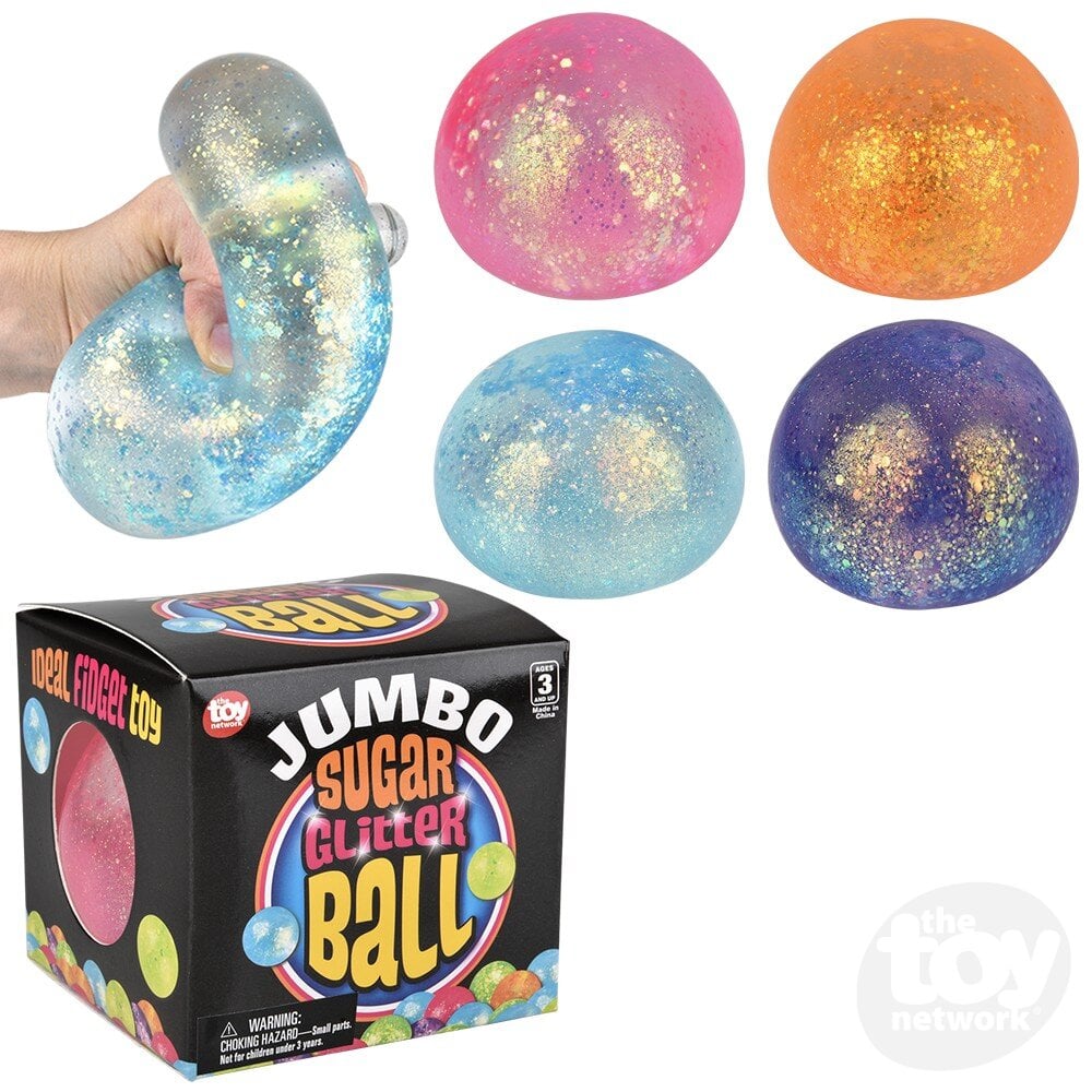 Hand squeezing a large glitter-filled ball for ultimate stress relief. Four smaller glitter balls hover above, all offering fidgeting entertainment. Packaging reads "Ideal Fidget Toy: Jumbo Squeezy Sugar Ball.