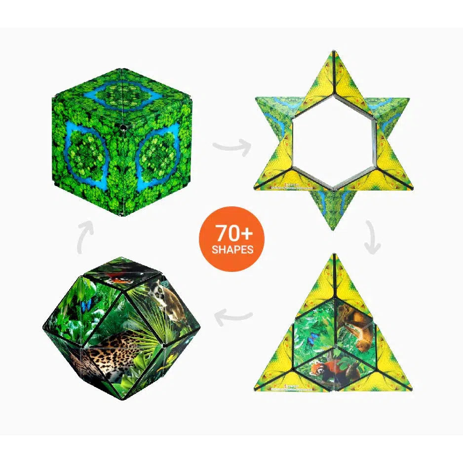 Four geometric shapes with nature-themed patterns are shown: a cube, a star, a dodecahedron, and a tetrahedron. A central orange circle reads "70+ shapes" with arrows indicating transformation, as if a Shashibo toy that magically transforms aided by hidden rare earth magnets.