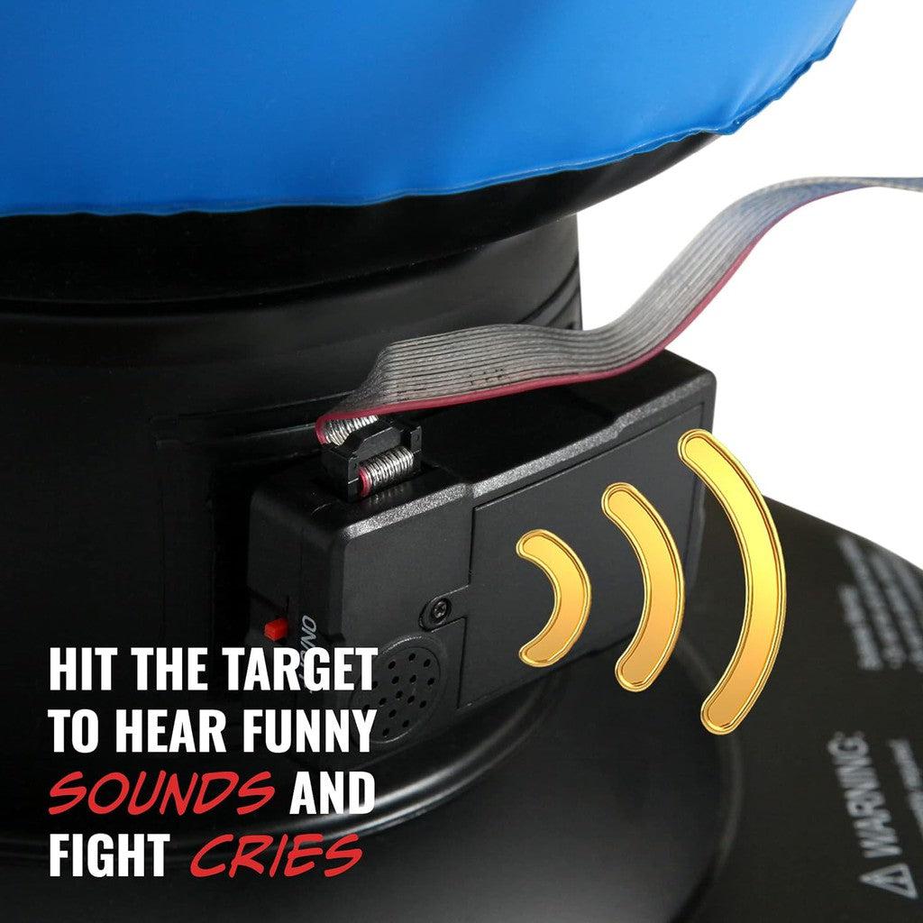 Boxing toy base with an attached sound module, LED lights, and ribbon cable. Text says: "Hit the target to hear funny sounds and fight cries." Yellow sound wave icons illustrated, reminiscent of a kickboxing punch bag experience.