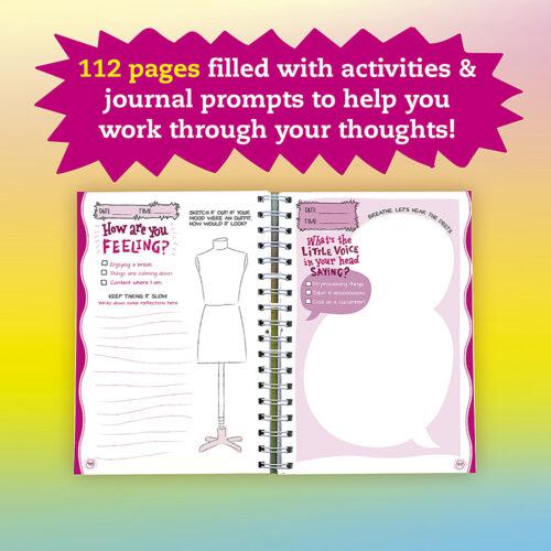 112 pages filled with activities and journal prompts to help you work through your thoughts. Page features speech bubbles and a dress mannequin