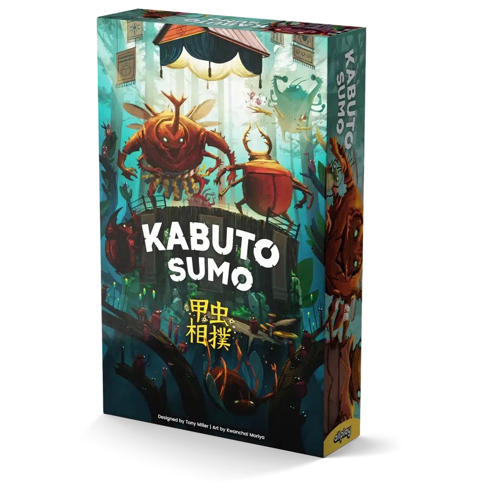 The image shows the box for the board game "Kabuto Sumo," featuring colorful illustrations of bugs in a forest-like setting. The designer is Tony Miller, with artwork by Kwanchai Moriya.