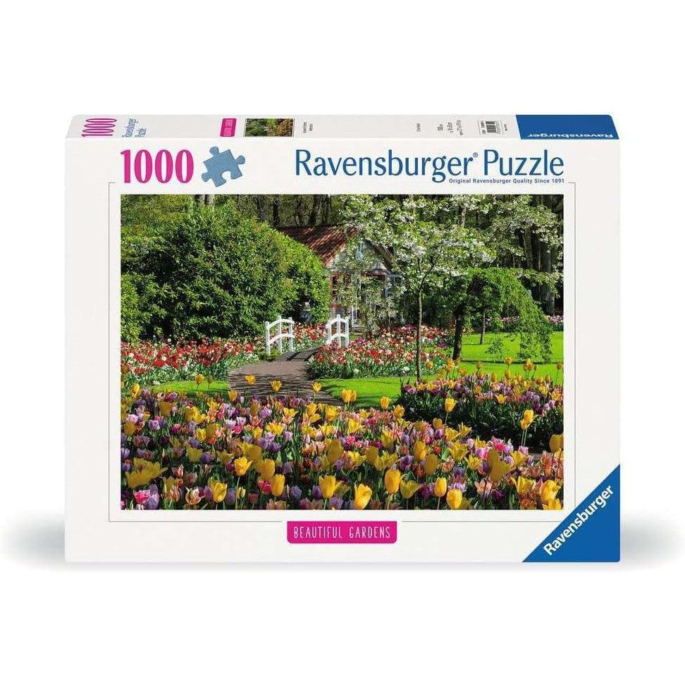 Immerse yourself in the beauty of a garden with this Ravensburger Puzzle, showcasing vibrant tulips, a quaint path, and a charming white bridge. Inspired by Keukenhof Gardens, this 1000-piece puzzle offers hours of enjoyment and relaxation.