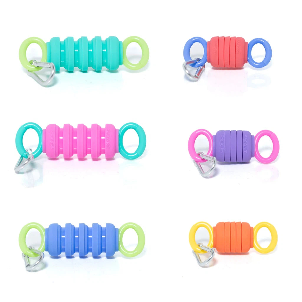 Examples of Krumples fidgets in colors and crunched or stretched