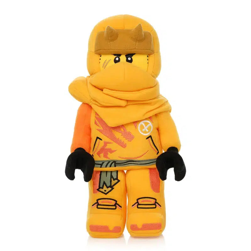 A plush resembling a LEGO figure of Arin from Ninjago - yellow outfit with mask covering face