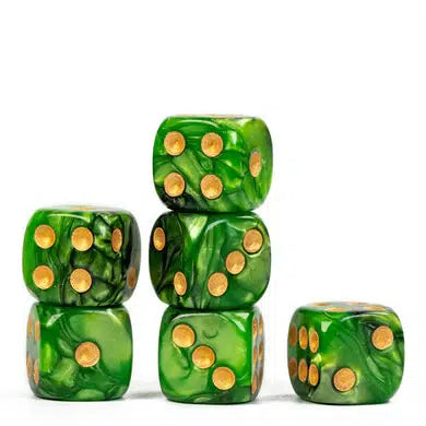 A stack of five green and yellow marbled dice with gold dots, perfect for your Shadowrun adventures, sits gracefully against a white background.