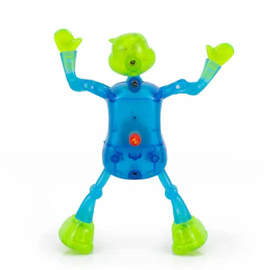 A blue and green translucent toy robot with articulated limbs and glowing internal lights, standing upright with arms raised, promises endless entertainment. This dynamic action figure captivates the imagination, ready to unleash adventures at a moment's notice.