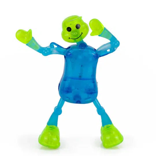 A blue and green plastic windup toy figure with a smiling face, standing on two legs and raising its arms, promises endless entertainment with its charming charisma.