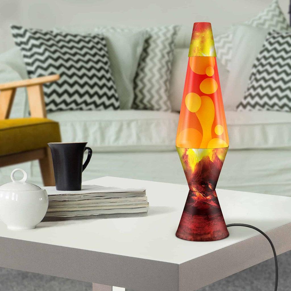 Orange lava lamp sitting on a white table