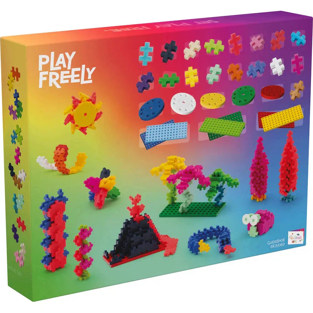 Box of Plus-Plus colorful interlocking building blocks showcasing various assembled shapes on the front, sparking creativity and endless possibilities.