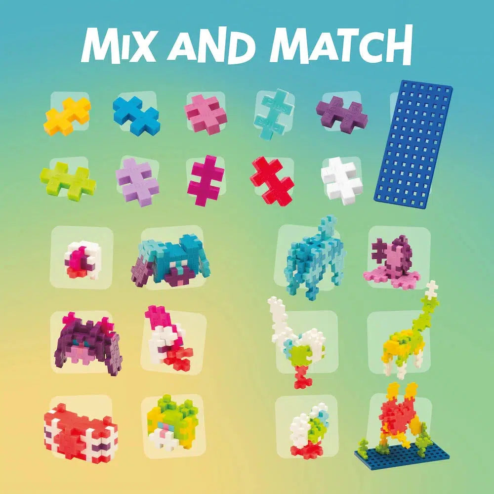 Various colorful plastic puzzle pieces and assembled structures on a gradient background with the text "Mix and Match." Ignite your creativity and build furry friends with Plus-Plus Pets!