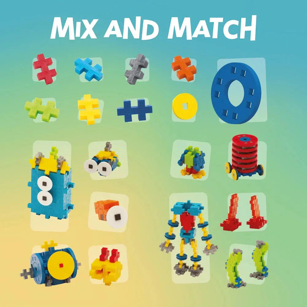 Colorful toy blocks, including Plus-Plus pieces, are arranged in various shapes against a gradient background, with the text "Mix and Match" at the top—perfect for crafting unique robots or any creative building toy idea.