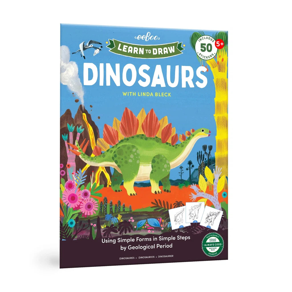 Learn to Draw Dinosaurs by eeboo with art by Linda Bleck features a blue sky with volcanoes in the background, prehistoric nature and a green stegosaurus