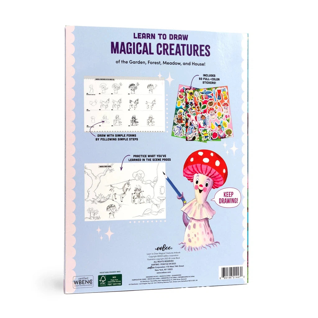 Back of Learn to Draw Magical Creatures book with a mushroom teaching how to draw