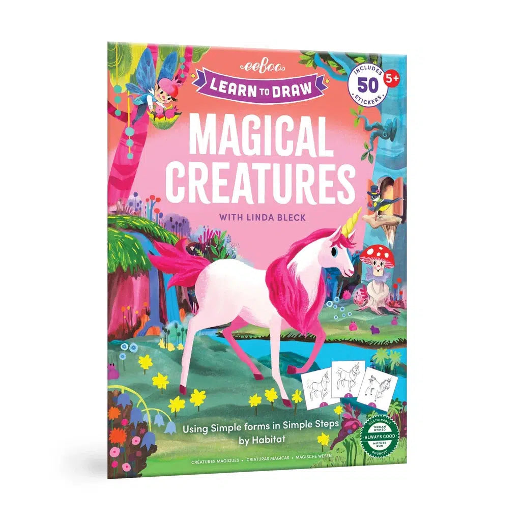 Learn to Draw Magical Creatures by eeboo with art by Linda Bleck. A colorful cover with a unicorn surrounded by other magical creatures