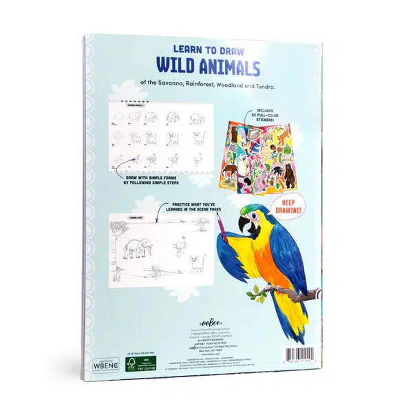 Back cover of a drawing book titled "Learn to Draw Wild Animals" featuring step-by-step drawing guides and a vibrant parrot illustration in its natural habitat, with encouragement to "Keep Drawing" and master the art of drawing wild animals through sequential steps.