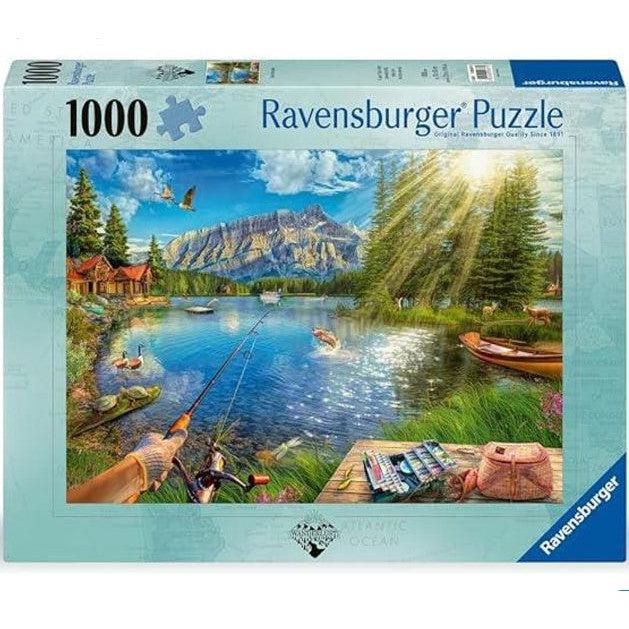 Discover tranquility with the Ravensburger Life at The Lake Puzzle. This 1000-piece jigsaw invites you into a serene lake scene, complete with fishing rods, mountains, boats, and a cozy cabin under a blue sky—a perfect addition to your collection of toys &amp; games.