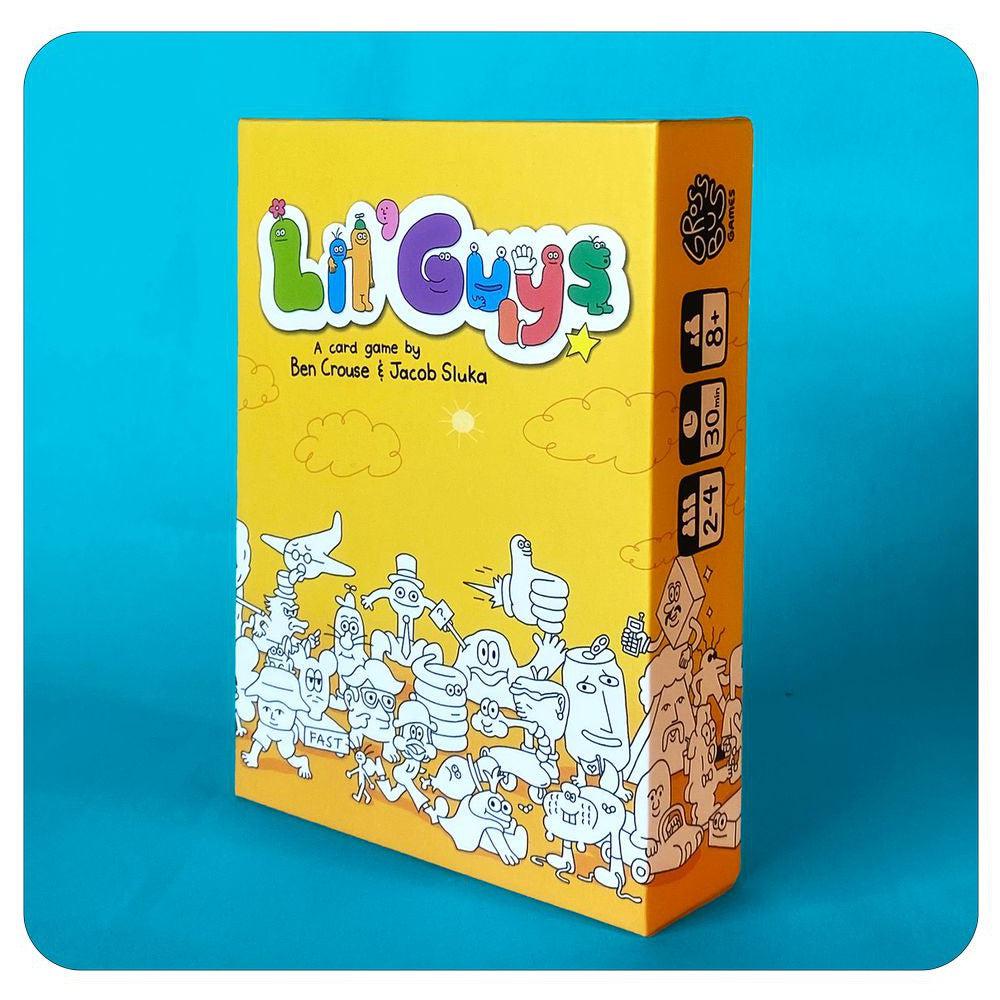 The vibrant yellow box of "Lil' Guys" features whimsical cartoon characters and is created by Ben Crouse and Jacob Sluka. This wacky card game displays player count, age range, and playtime, making it the best party addition for endless fun.