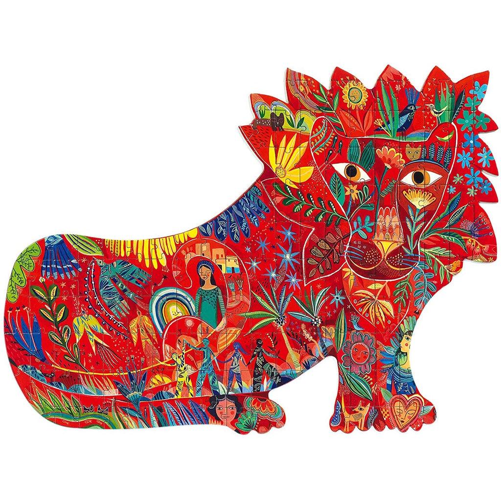 Image of the completed puzzle. It is a silhouette puzzle in the shape of a lion. It is mainly red with drawings on plants and people. You can also spot a couple animals hiding.