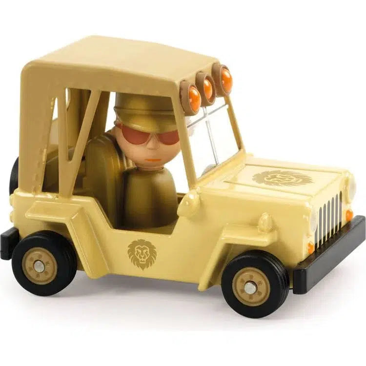 A toy soldier figurine maneuvers a beige jeep adorned with a lion emblem, perfect for any safari adventure.