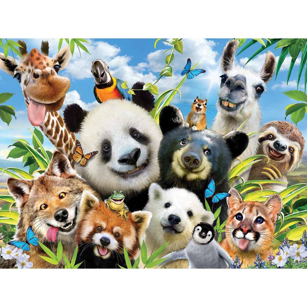 A colorful illustration of various smiling animals, including a panda, giraffe, and penguin, gathered for a "Llama Drama Selfie," surrounded by butterflies and greenery under a bright blue sky. 