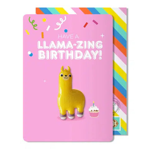 Pink birthday card with a llama magnet next to a cupcake. Rainbow envelope. Says "have a llama-mazing birthday"