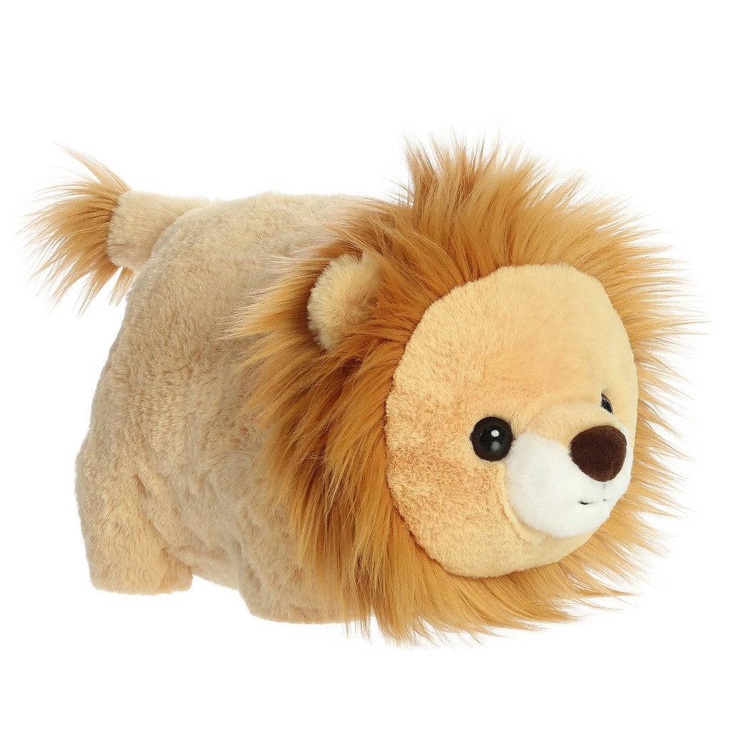 Meet Logan Lion, the cuddly plush toy that boasts a round body, soft fur, and a fluffy mane.