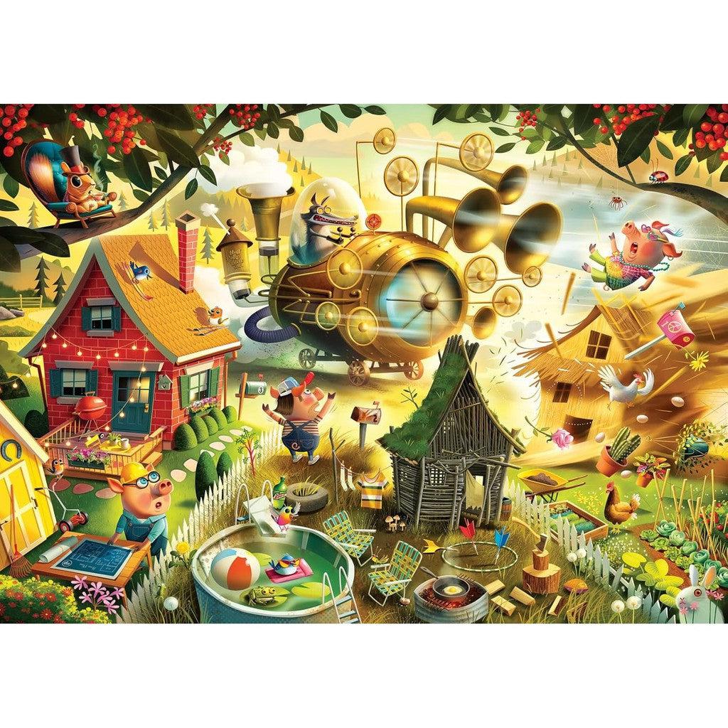 A whimsical scene reminiscent of Dean Macadam's style, where animals frolic in a vibrant, sunny village. A pig operates a flying contraption amidst lively activities around houses, a pool, and garden—much like the delightful chaos of a Ravensburger Jigsaw Puzzle.